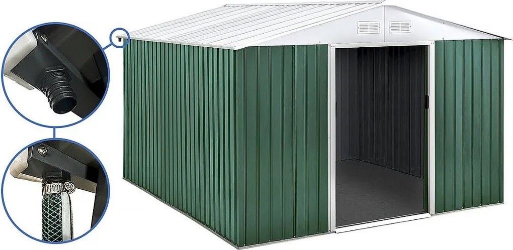 Domek ogrodowy metalowy "Rosas" 10,85 m² z rynną - Zielony
