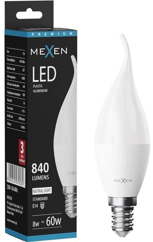 Mexen Nova żarówka LED płomyk E14, C37, 8W, Neutralna - 4000K, 840 lm - L106-E14-0840-01