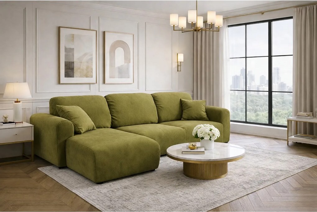 Narożnik w kształcie L z funkcją spania i pojemnikiem Bingo L, tkanina welurowa Salvador, Oliwkowy, Lewy