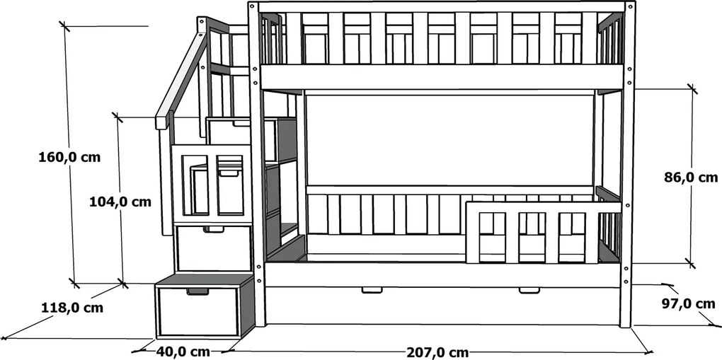 Łóżko piętrowe Marulla 111P ze schodami, barierkami i szufladkami