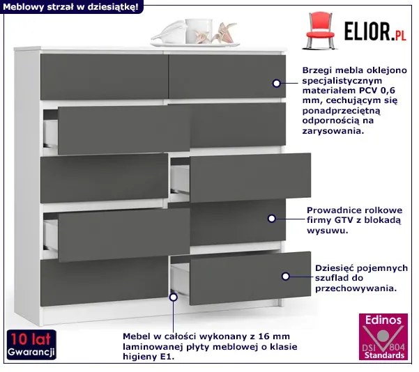 Komoda z szufladami do sypialni biała + grafit Fiorino 8X