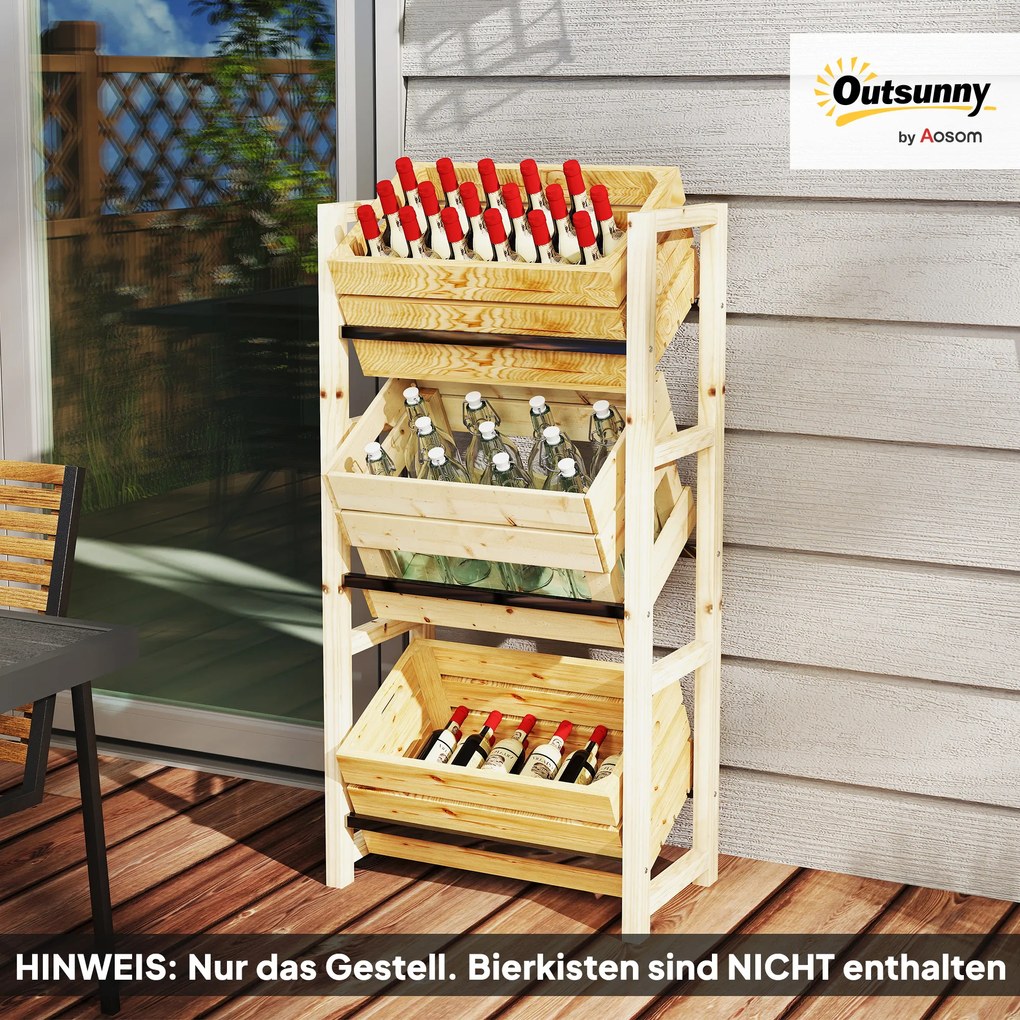 Outsunny Regał na 3 Skrzynki z Napojami, Drewniany Stojak z 3 Poziomami 56 x 32 x 112 cm, Drewno Naturalne