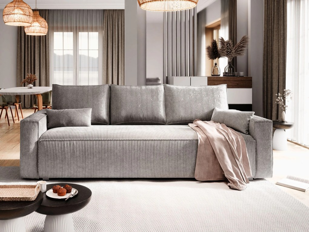 Masseno Sofa MENI z funkcją spania i pojemnikiem na pościel, Rozkładana sofa - Jasnoszary, POSO 55