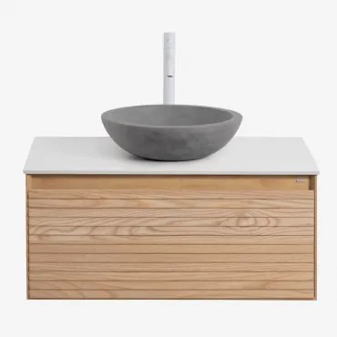 Zestaw Wiszących Mebli Łazienkowych Z Drewna Jesionowego Tedrik Popielaty Brąz & Okrągły Szary Cement - Sklum