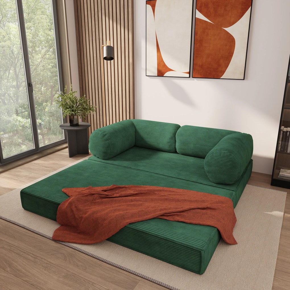 Masseno Sofa piankowa ALVIO z funkcją spania, Kanapa z pianki do salonu, Bezmontażowa, Tkanina sztruksowa – Zielony POSO 14