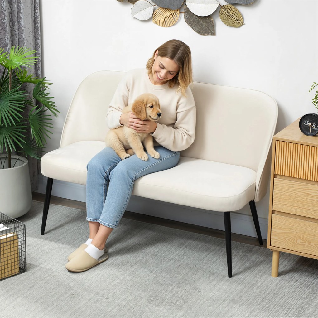 HOMCOM Sofa 2-osobowa, nowoczesna tapicerowana kanapa z metalowo-drewnianą ramą, welurowa tapicerka, beżowa