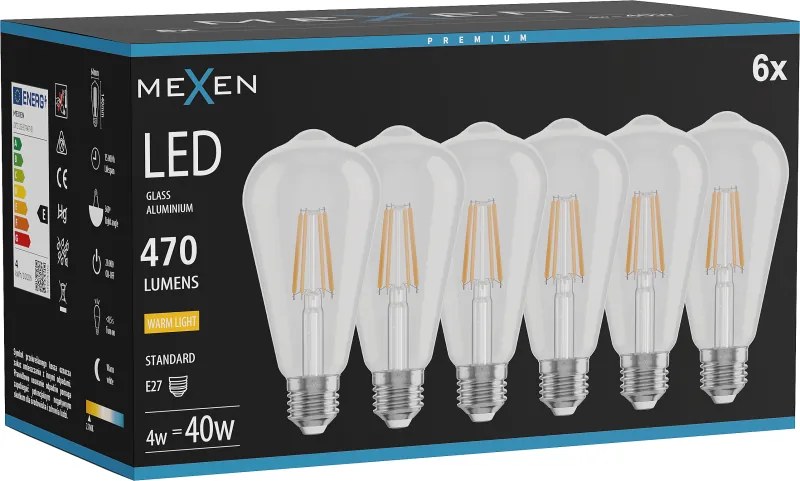 Mexen Vintis 6x żarówka filament LED E27, ST64, 4W, Ciepła - 2700K, 470 lm, clear - L152-E27-0427-00x06