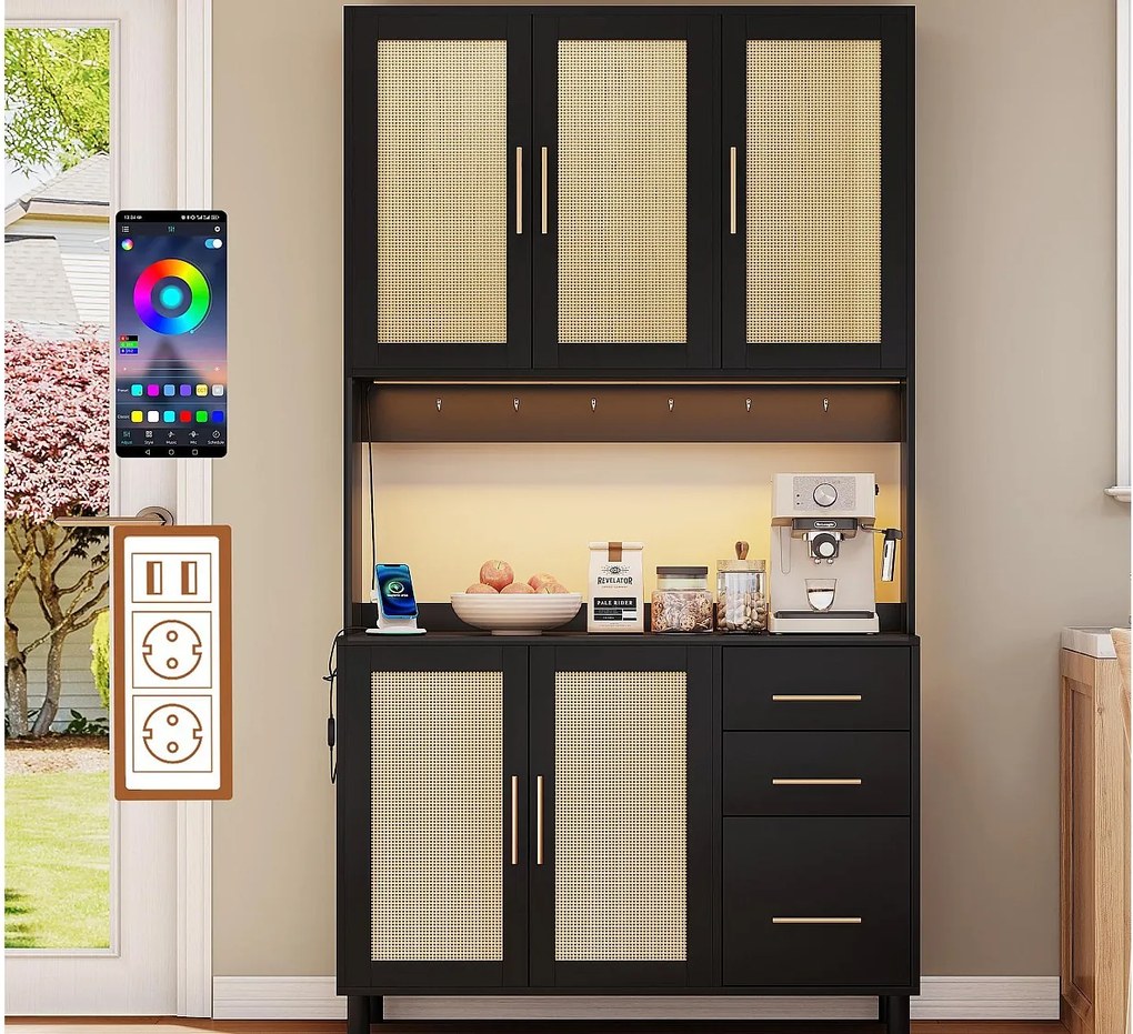 Kredens kuchenny 100×40×183 cm - z USB i gniazdkiem - z oświetleniem LED - 5 drzwi i 3 szuflady - czarny+naturalny