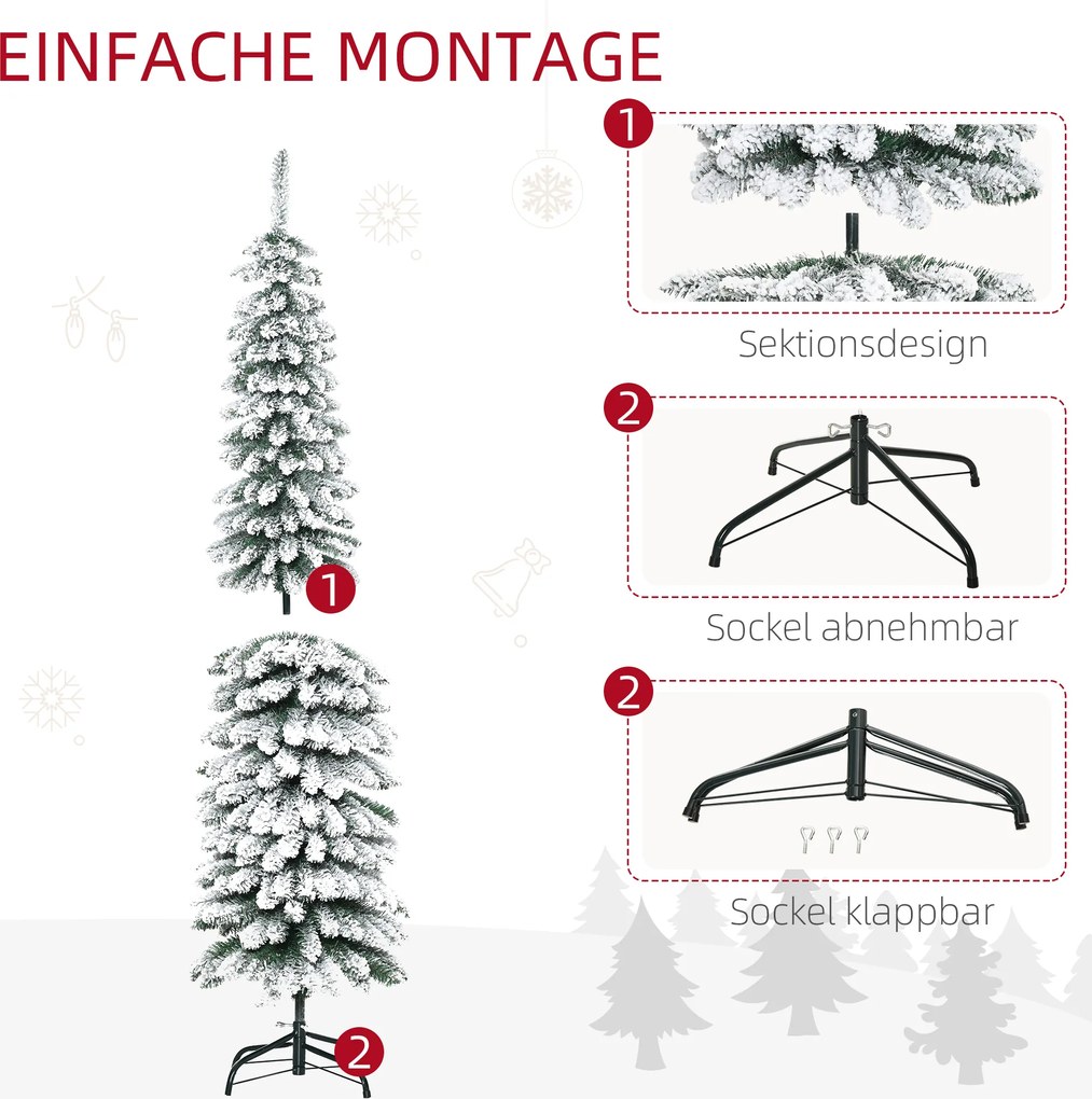 HOMCOM Sztuczna Choinka świąteczna, śnieżna, wąski design, ognioodporna, 180 cm, Zielony/Biały | Aosom PL