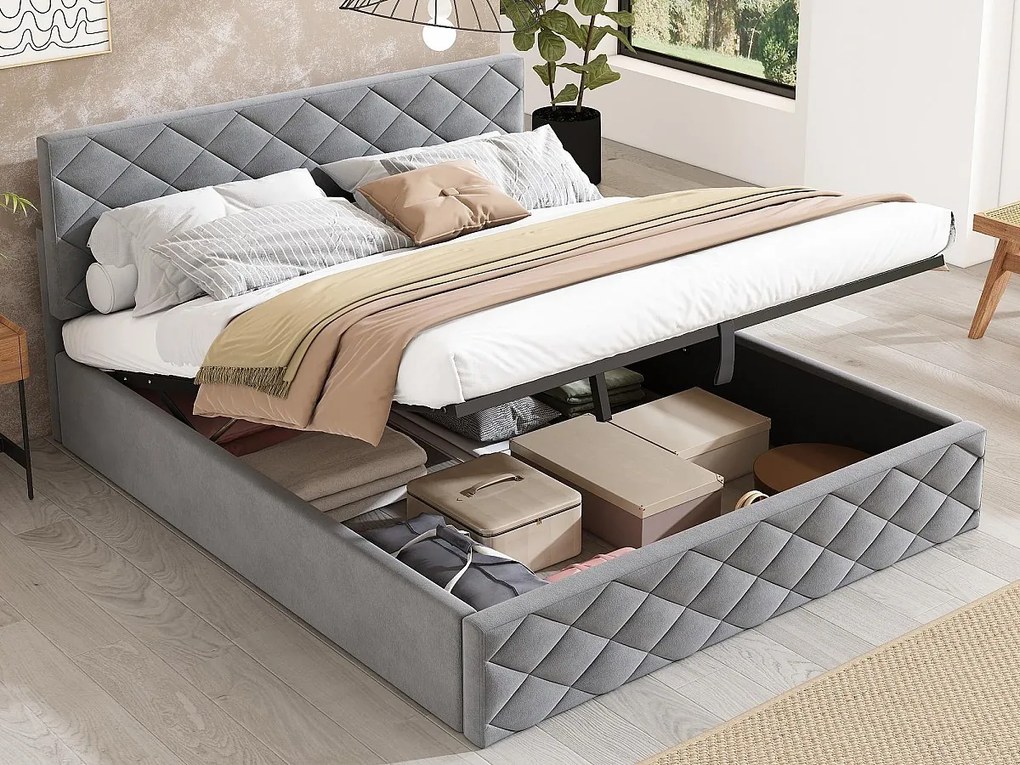 Aksamitne łóżko ze schowkiem 140x200cm - z podstawą z listew - Szare