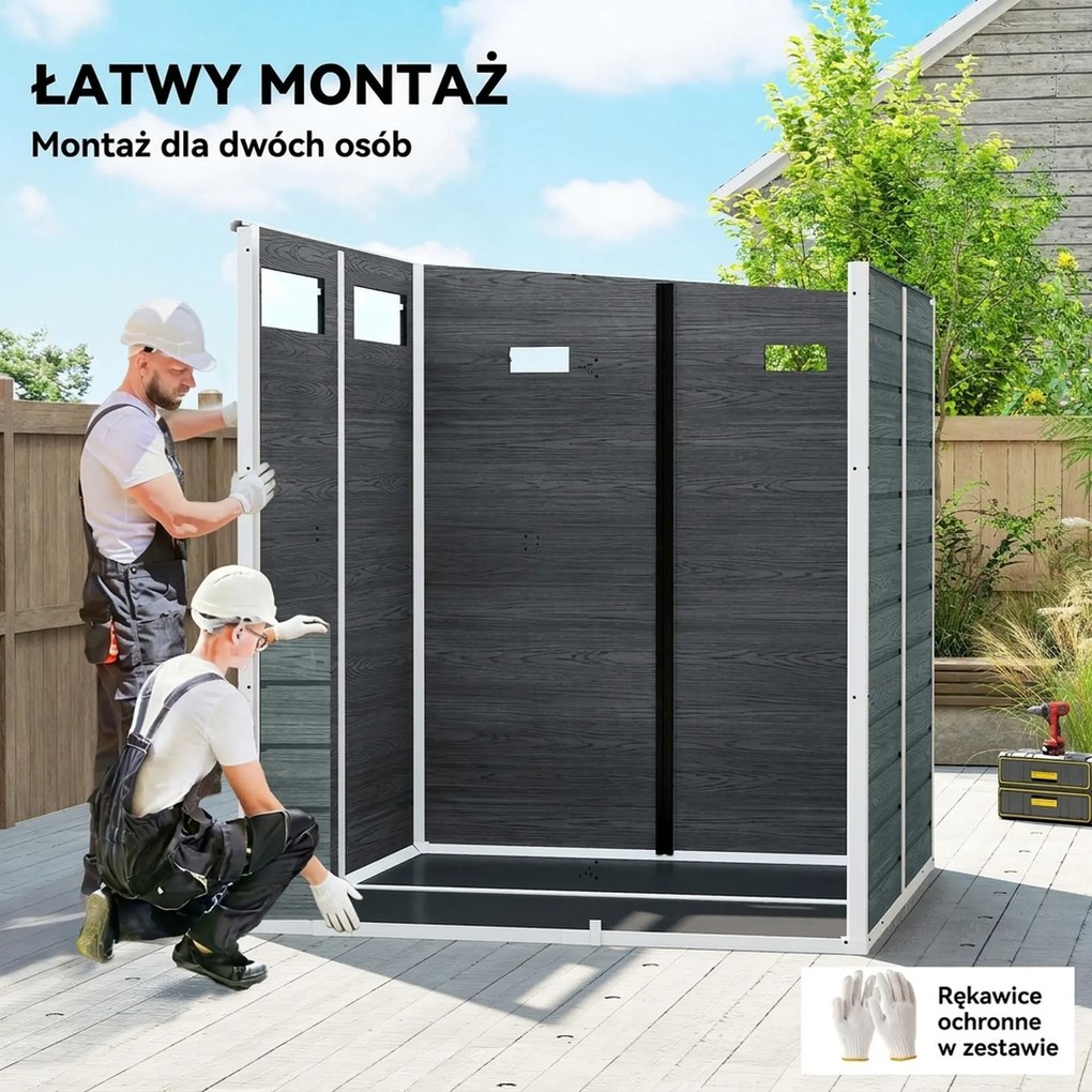 Outsunny Domek ogrodowy 2,89 m² z wyglądem drewna, 3 okna, wentylacja, podłoga, zamek, rękawice, 182 x 182 x 196 cm | Aosom PL