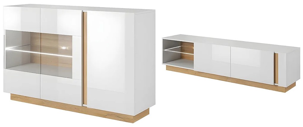 Zestaw komoda i szafka RTV biały z połyskiem i naturalny - Rozświetlony zestaw MURARI