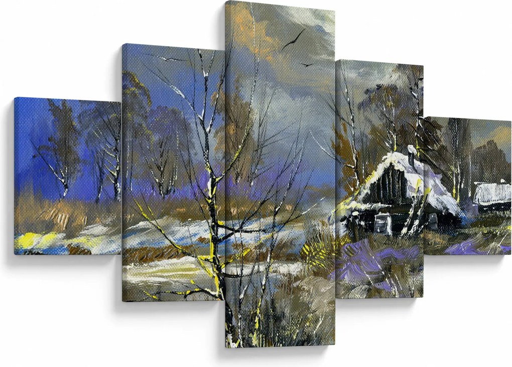 Obraz chaty w zimowym krajobrazie, obraz olejny (125x70 cm)
