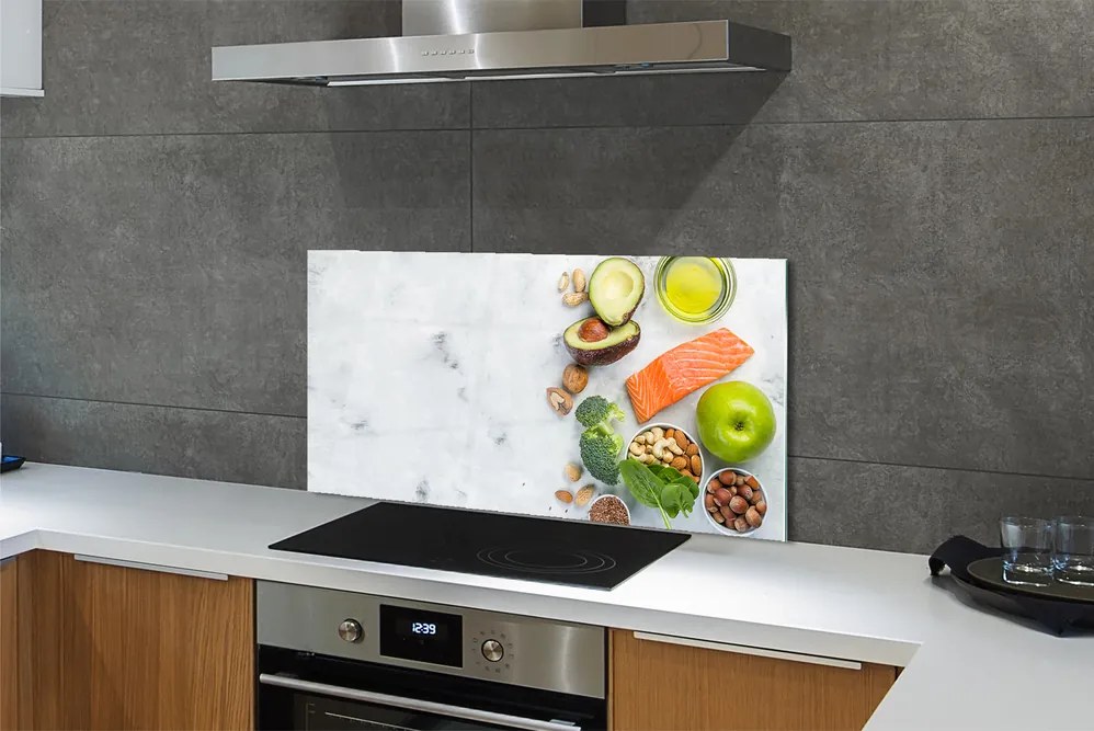 Szkło do Kuchni na Ścianę Zdrowy Posiłek z Łososiem i Orzechami