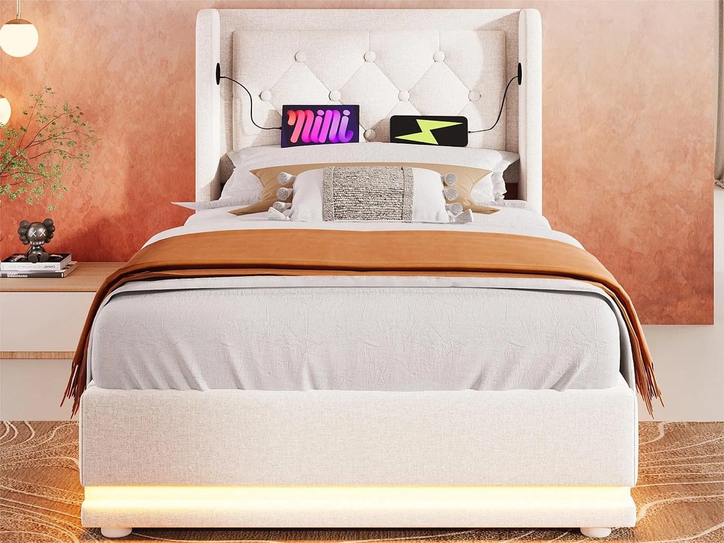 Łóżko tapicerowane 90 x 200 cm z tkaniny bawełnianej - z funkcją ładowania i LED u stóp łóżka - Beżowe