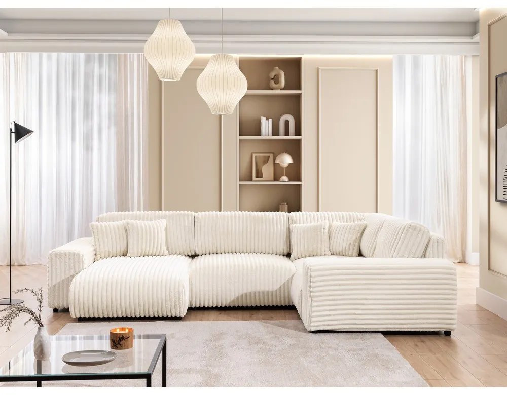 Kremowy sztruksowy narożnik (prawostronny/w kształcie litery U) Justin – Ropez