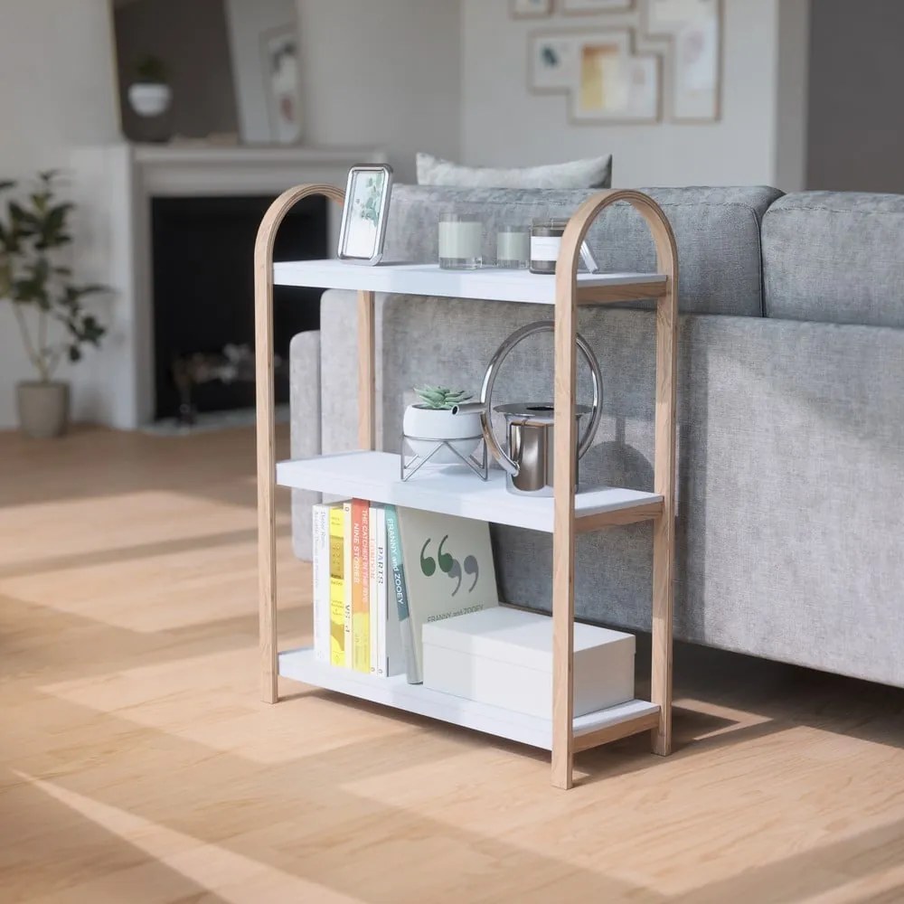 Biały regał w dekorze drewna egzotycznego 72x90 cm Bellwood – Umbra
