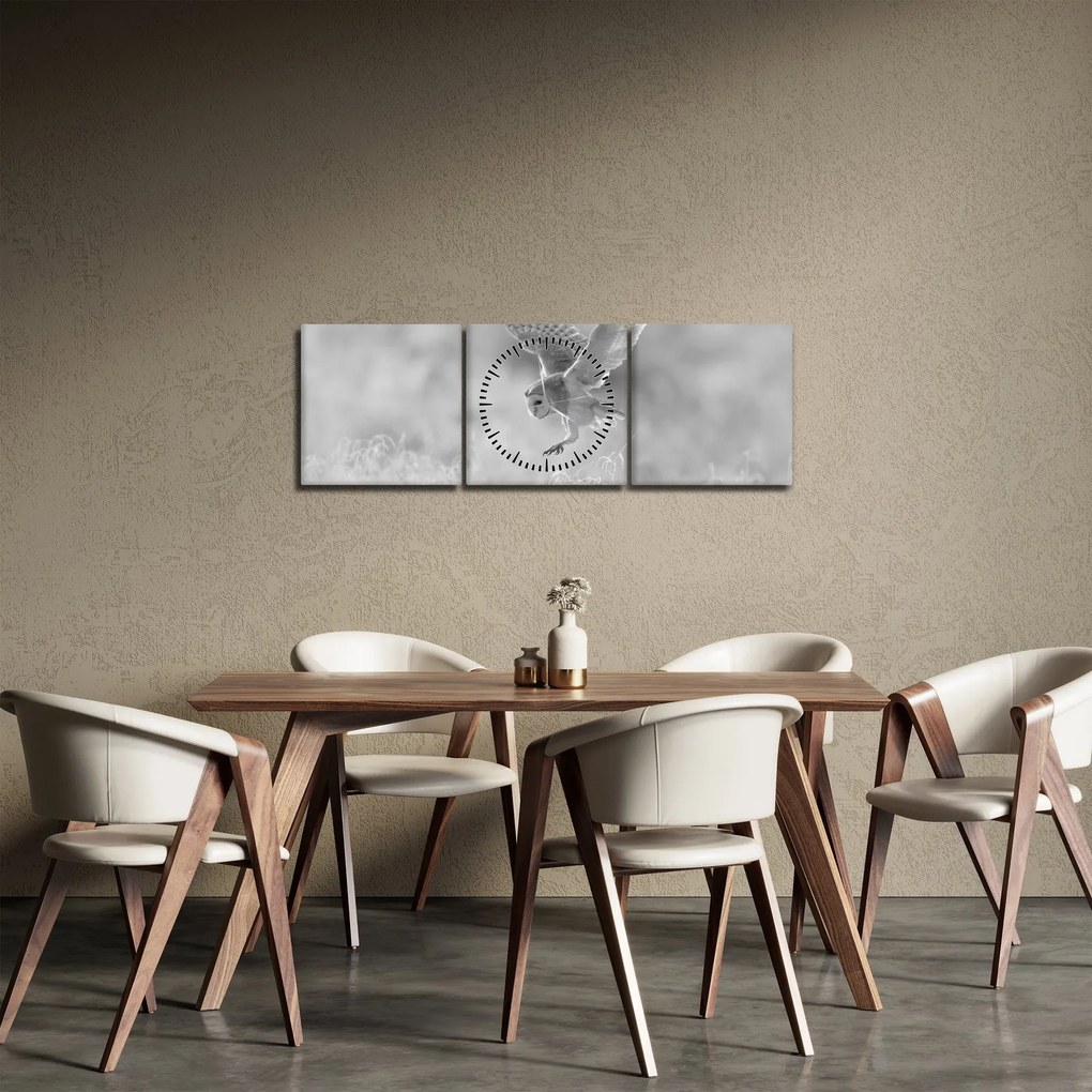 Obraz - Sowa, czarno - biały (z zegarem) (90x30 cm)
