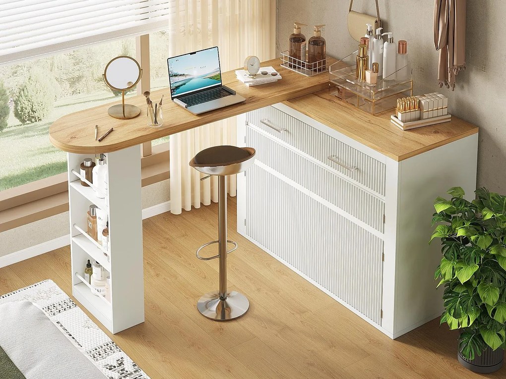 Rozkładany mebel barowy kuchenny - z obrotem 360° - 215x39x103cm - 2 fronty, 2 szuflady - z bocznymi półkami - Biały