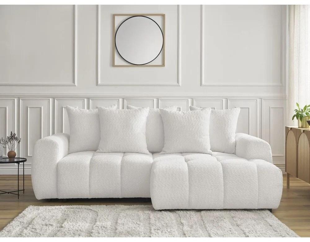 Biały rozkładany narożnik z materiału bouclé ze schowkiem (prawostronny/z szezlongiem) Roxelane – Bobochic Paris