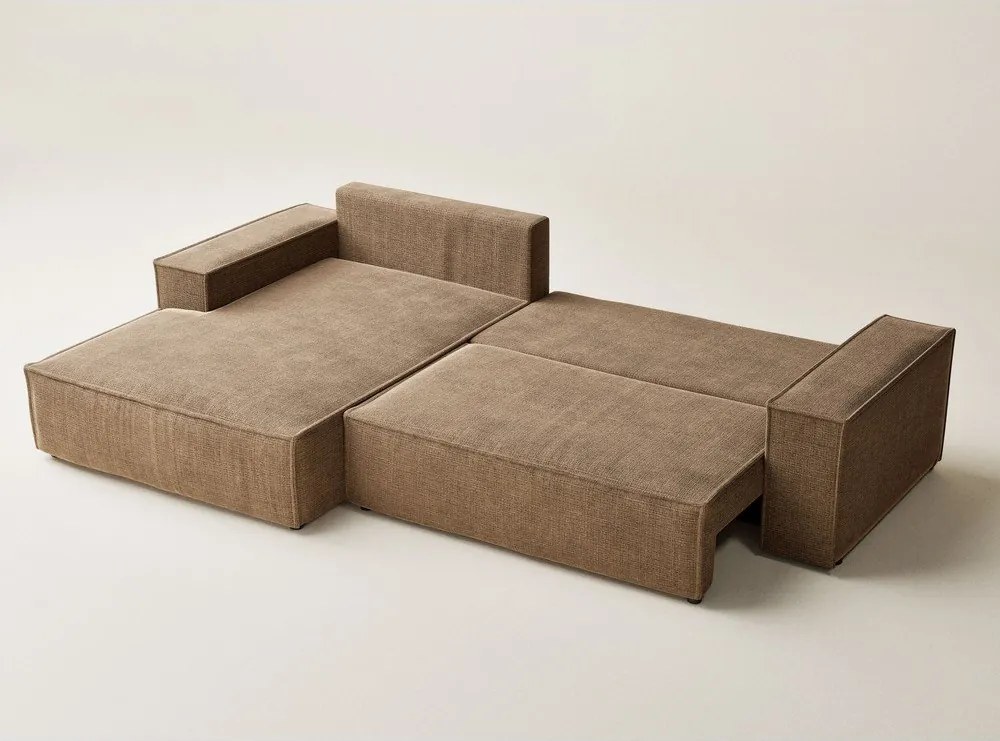 Jasnobrązowy rozkładany narożnik ze schowkiem z tkaniny szenilowej (lewostronny/z szezlongiem) Maze – Maison de Rêve