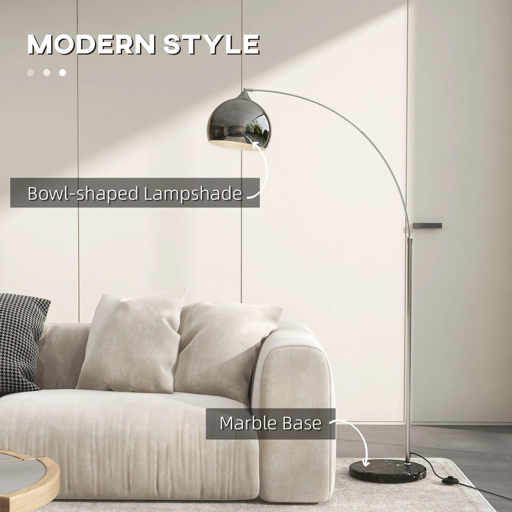 HOMCOM Łukowa lampa stojąca, regulowana, z przełącznikiem nożnym, podstawa imitującą marmur, 170-180cm, Srebrny/Czarny