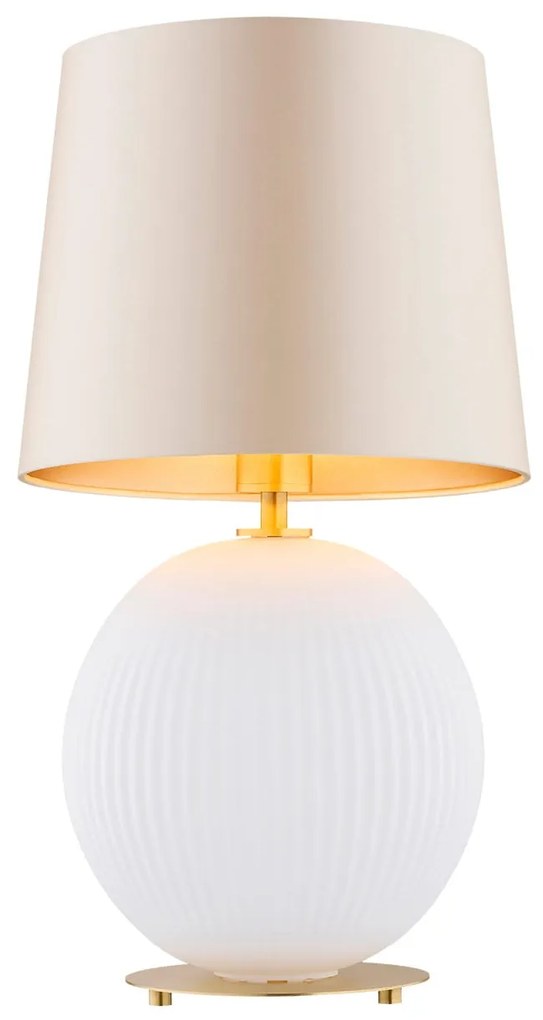 Lampa na stolik biała kula Hamilton – szkło ryflowane mleczne, abażur beżowy środek złoty