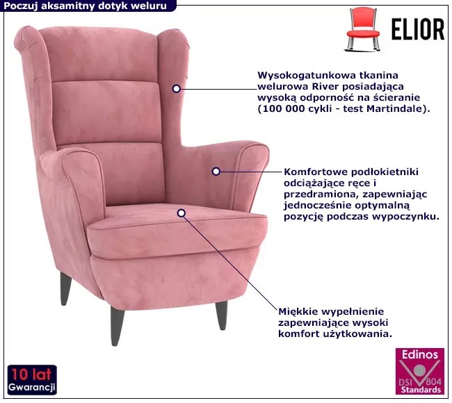 Różowy tapicerowany welurem fotel uszak - Risten