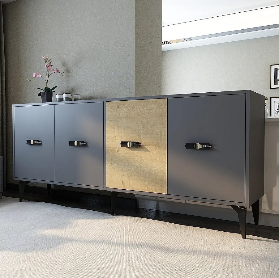 Komoda – 180 cm x 82,6 cm x 35 cm – Dąb antracytowy i szafirowy – Płyta wiórowa