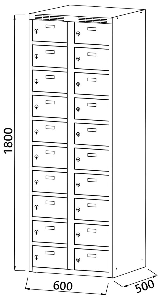 Alfa 3 Szafka skrytkowa, 20 schowków, 1800 x 600 x 500 mm, zamek cylindryczny, drzwi ciemnoszare