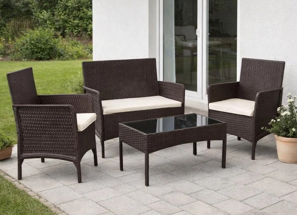 Zestaw mebli ogrodowych Livora 118 - 2 krzesła, sofa i stolik kawowy, kolor brązowy