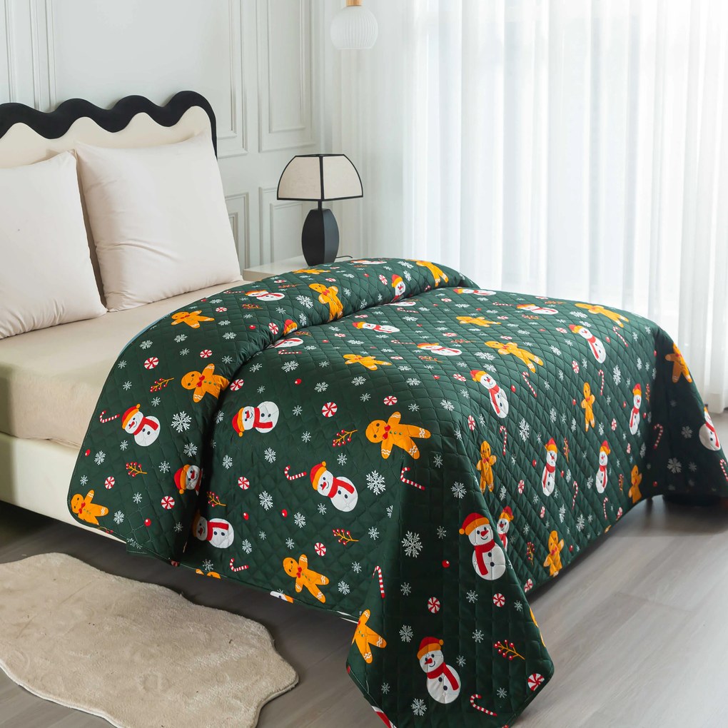 Narzuta na łóżko SNOWMAN AND GINGERBREAD, zielona Rozmiar: 170 x 210 cm