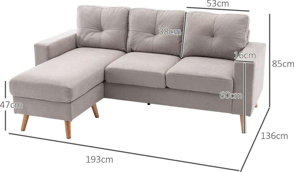 HOMCOM Sofa narożna 3-osobowa, w wyglądzie lnu, Chaiselongue odwracalne, 193x136x85 cm, Jasnoszary | Aosom PL