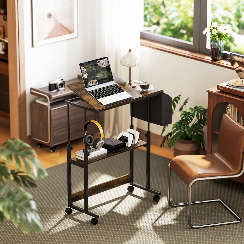 HOMCOM Stojące biurko z regulowaną wysokością i nachyleniem blatu, kółkami, półką, do pisania, czytania, rysowania, Rustykalny Brąz