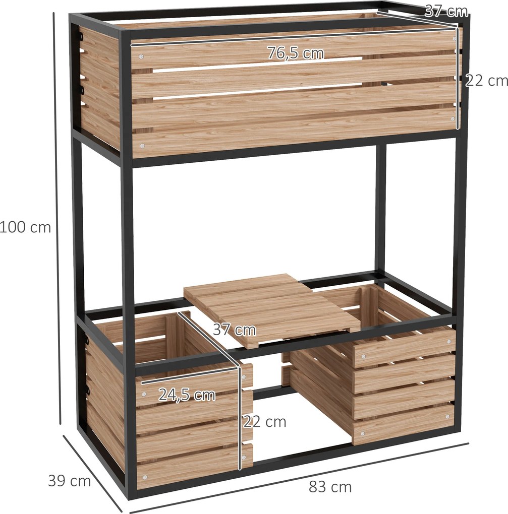 Outsunny Skrzynka na Kwiaty Podwyższony Grząd, Odporny na Warunki Atmosferyczne, 3 Skrzynki do Sadzenia, 83 cm x 39 cm x 100 cm, Naturalny + Czarny