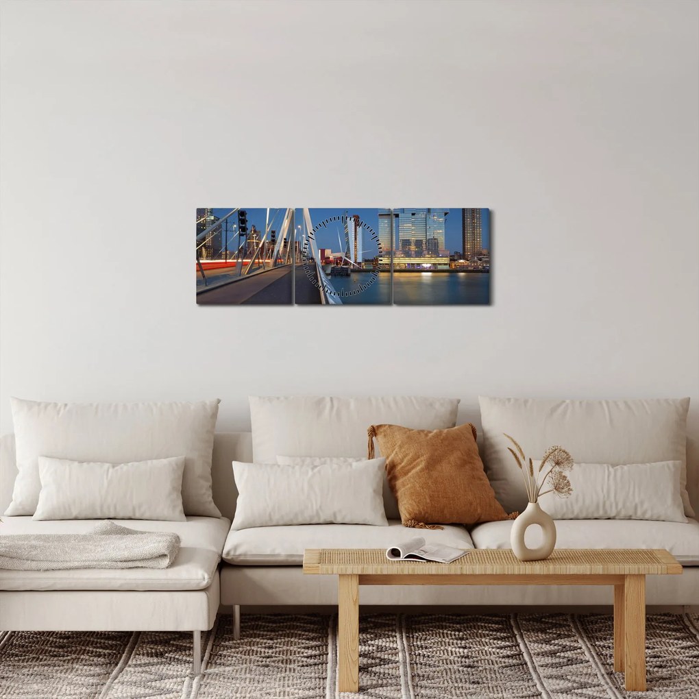 Obraz - Zmierzch w Rotterdamie, Holandia (z zegarem) (90x30 cm)