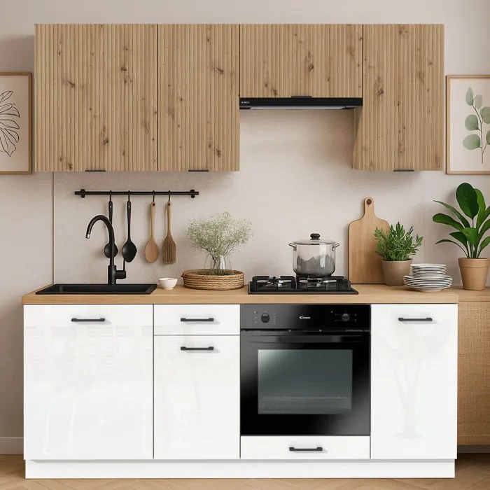 Zestaw Mebli Kuchennych MODERN 200 cm Dąb/Biały Połysk Ryflowany Nowoczesny