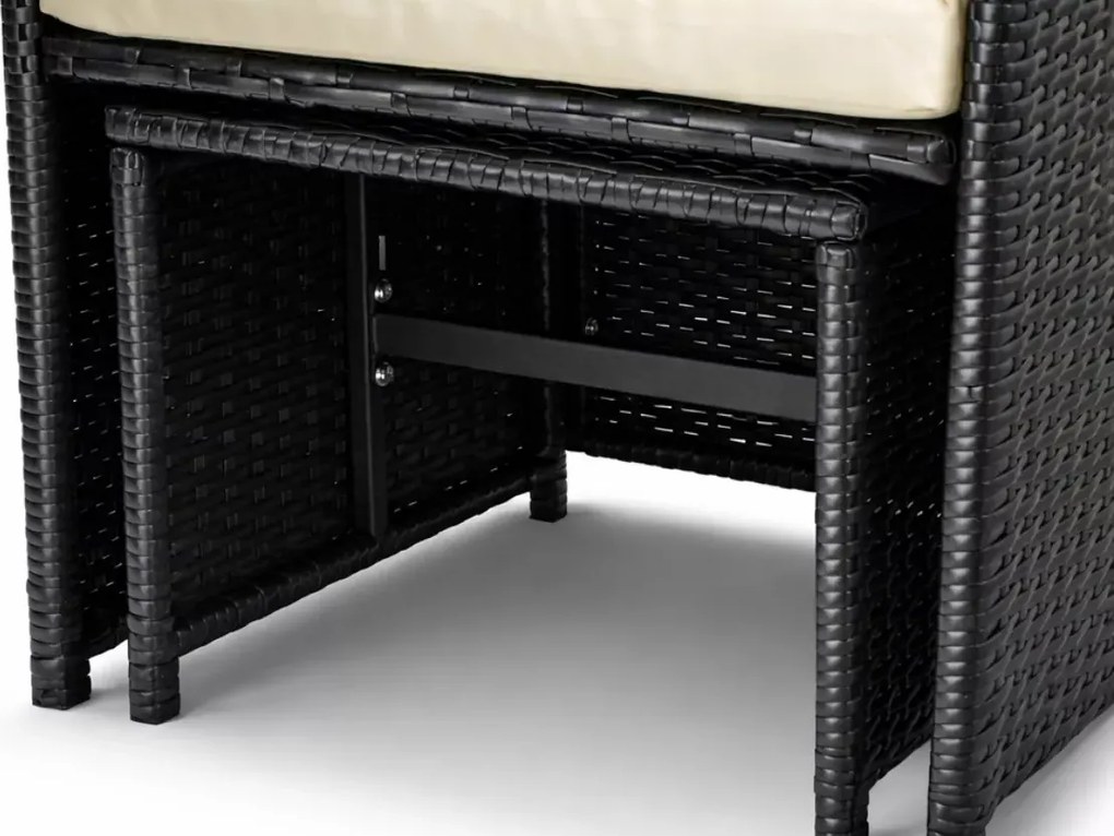 Zestaw mebli ogrodowych Concept technorattan 4 fotele + 2 pufy stół szkło hartowane czarny/kremowy taras balkon patio