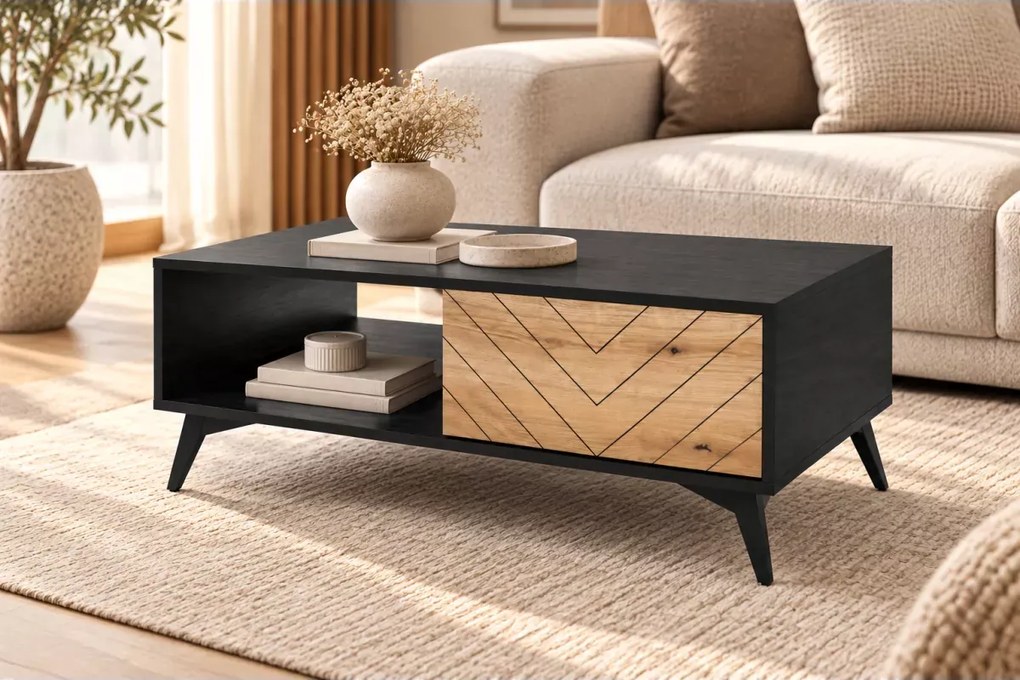 Nowoczesny stolik kawowy Fitelia loft drewno i czerń z frezowanym frontem – elegancki do salonu