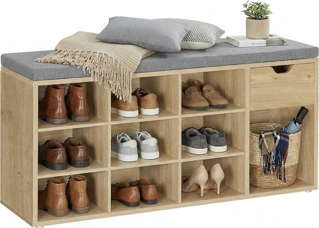 Szafka na buty z siedziskiem 104 cm Faro 024, z szufladą i półkami, dąb artisan