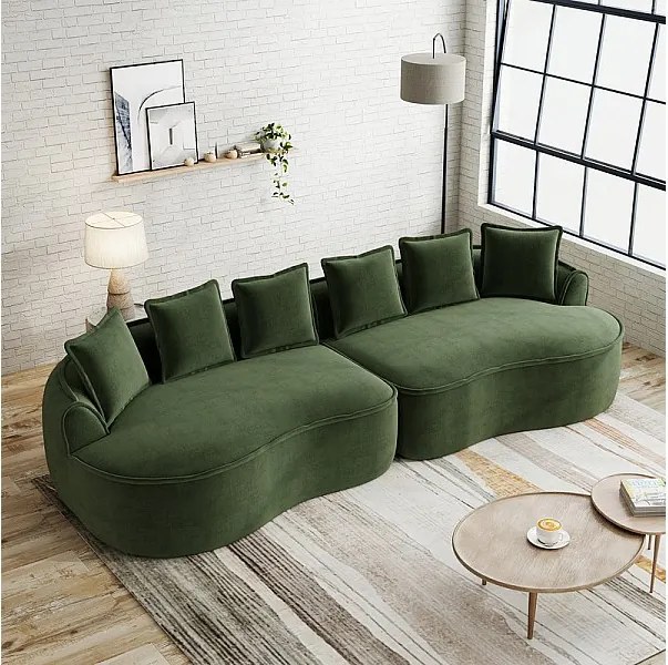 Canapé 4 places modulable en tissu chenille, avec 6 coussins, 63cm assise profonde, 320x114x67cm, Vert