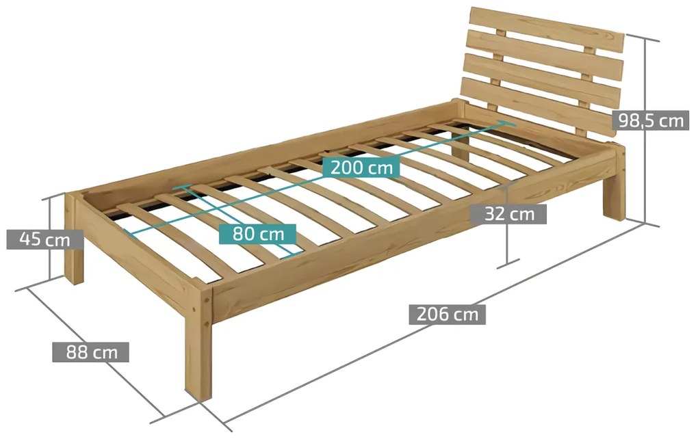 Łóżko PARIS podwyższone 80 x 200 cm, sosna Stelaż: Ze stelażem listwowym rolowanym, Materac: Materac Somnia 18 cm