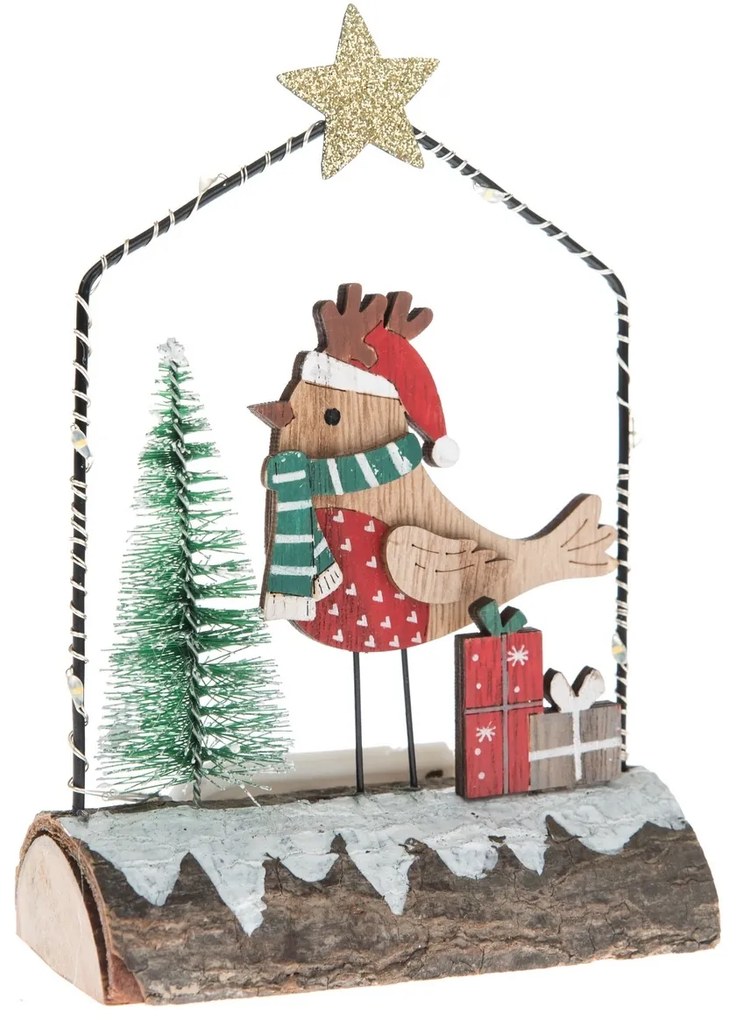 Drewniana dekoracja z oświetleniem LED Ptaszek zprezentami, 15 x 13,5 cm