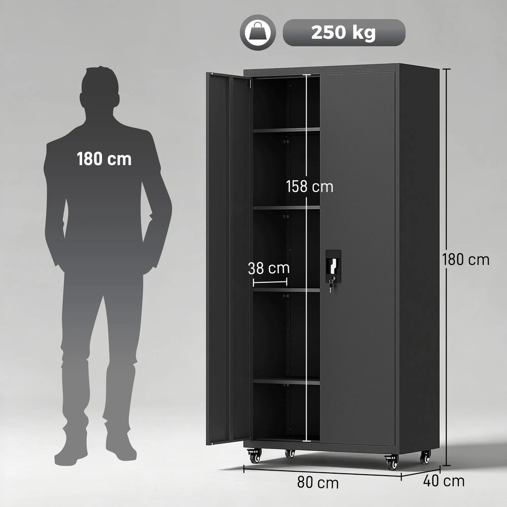 HOMCOM Szafa metalowa zamykana na kółkach, 5 regulowanych półek, ze stali, 80 x 40 x 180 cm Czarny | Aosom PL