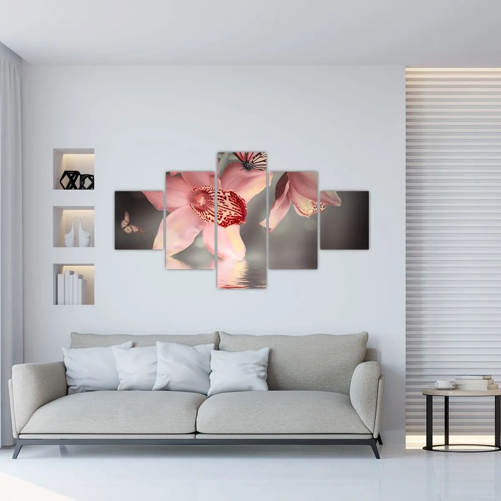 Obraz - Kwiaty i motyl (125x70 cm)