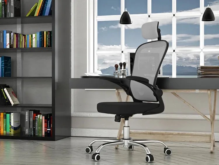 Szary Ergonomiczny Fotel Biurowy Do Komputera Obrotowy E2-N74
