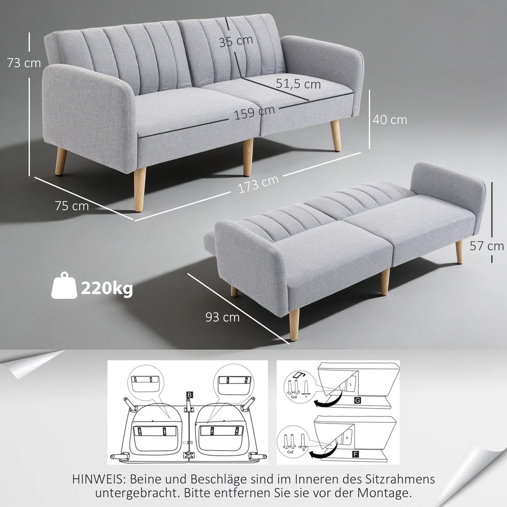 HOMCOM Sofa do spania, dwuosobowa sofa materiałowa, z funkcją spania, polyester stylizowany na len, drewno kauczukowe, 173 x 75 x 73 cm, szara