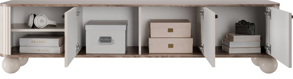 Szafka RTV Vesper 187 cm trzydrzwiowa - kaszmir / orzech / czarne uchwyty / nogi kule