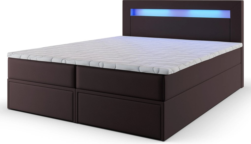 Masseno Łóżko kontynentalne LAND 180x200 cm LED z pojemnikiem na pościel - Brązowy, MADRYT 928