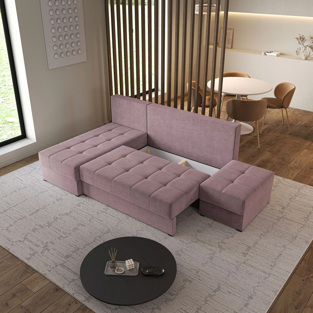 Masseno Narożnik NORVI z funkcją spania i pojemnikiem na pościel Narozniki L, Rozkładana sofa - Pudrowy róż, KRONOS 27